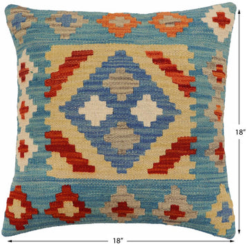 handmade Traditional Pillow Blue Rust Hand-Woven SQUARE 100% WOOL Hand woven turkish pillow2' x 2'